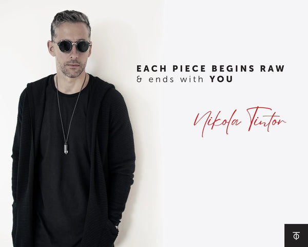 Nikola Tintor, founder of ToTintor Jewelry, wearing handcrafted 925 sterling silver jewelry with raw crystals, inspired by music, emotion, and artistic identity.