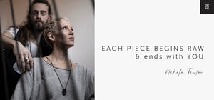 Two people wearing Totintor handcrafted crystal necklaces beside a minimalist quote that reads ‘Each piece begins raw & ends with you’ on a white background.
