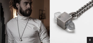Totintor crystal pendant necklace shown in a lifestyle portrait of a man wearing it and a close-up product photo on a white background.