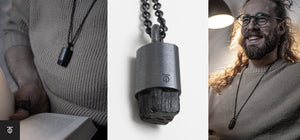 Totintor raw black crystal pendant shown in a lifestyle shot, a close-up product photo, and worn by a smiling man.