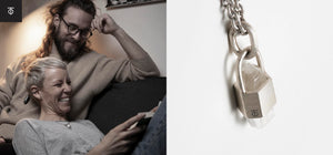 Lifestyle photo of a smiling couple wearing Totintor jewelry, paired with a close-up of a raw crystal pendant on a silver chain.