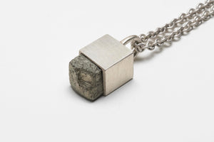 Silver cube pendant with rough pyrite stone on double chain