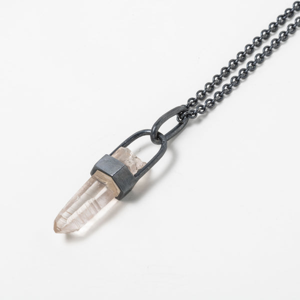 TALISMAN NECKLACE IN BLACK STERLING SILVER WITH LEMURIAN QUARTZ