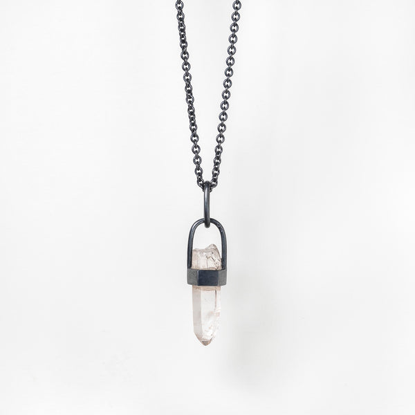 TALISMAN NECKLACE IN BLACK STERLING SILVER WITH LEMURIAN QUARTZ