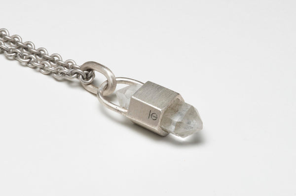 TALISMAN NECKLACE IN MATTED STERLING SILVER WITH DOUBLE TERMINATED QUARTZ