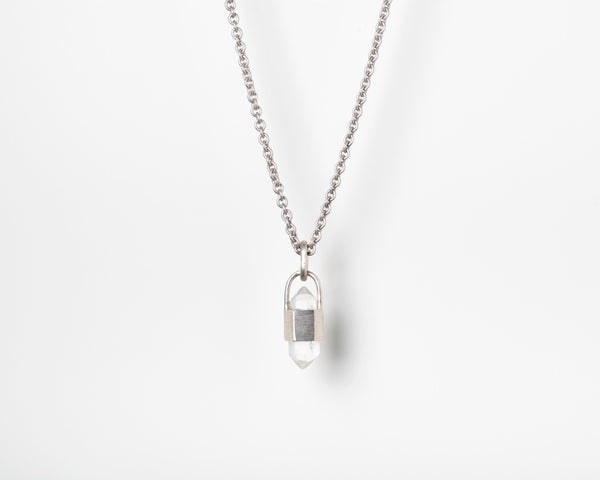 TALISMAN NECKLACE IN MATTED STERLING SILVER WITH DOUBLE TERMINATED QUARTZ